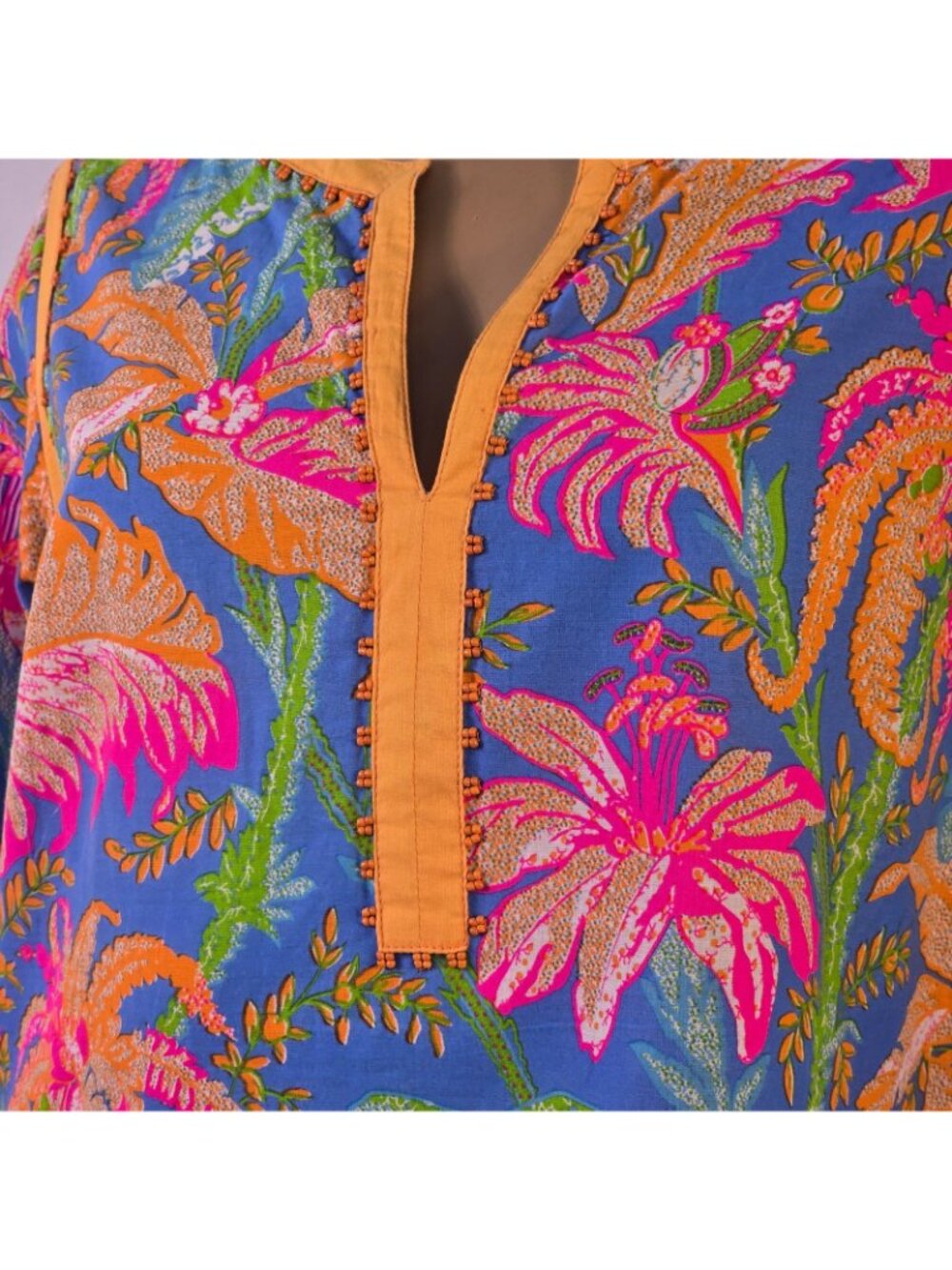 Gretchen Scott Resortwear Split Neck Tropical Pullover Tunic 3/4 Sleeve Sz L - Picture 4 of 13